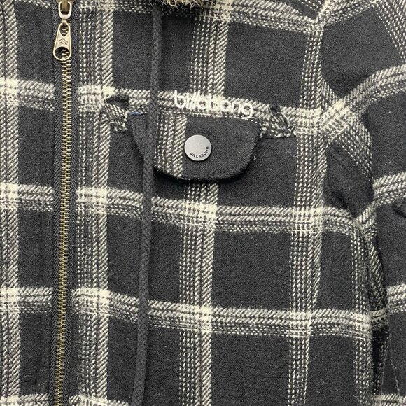 Billabong Coat Women's Black White Plaid Wool Blend Hooded Faux Fur Jacket Small - Picture 3 of 11